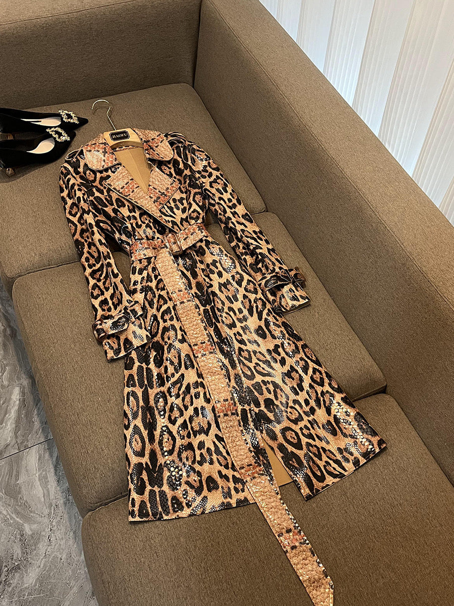 Leopard leather long coat