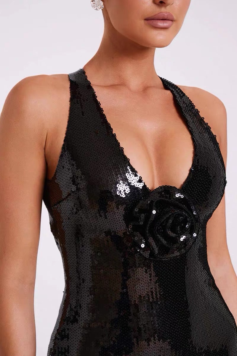 Flower sequin maxi backless dress