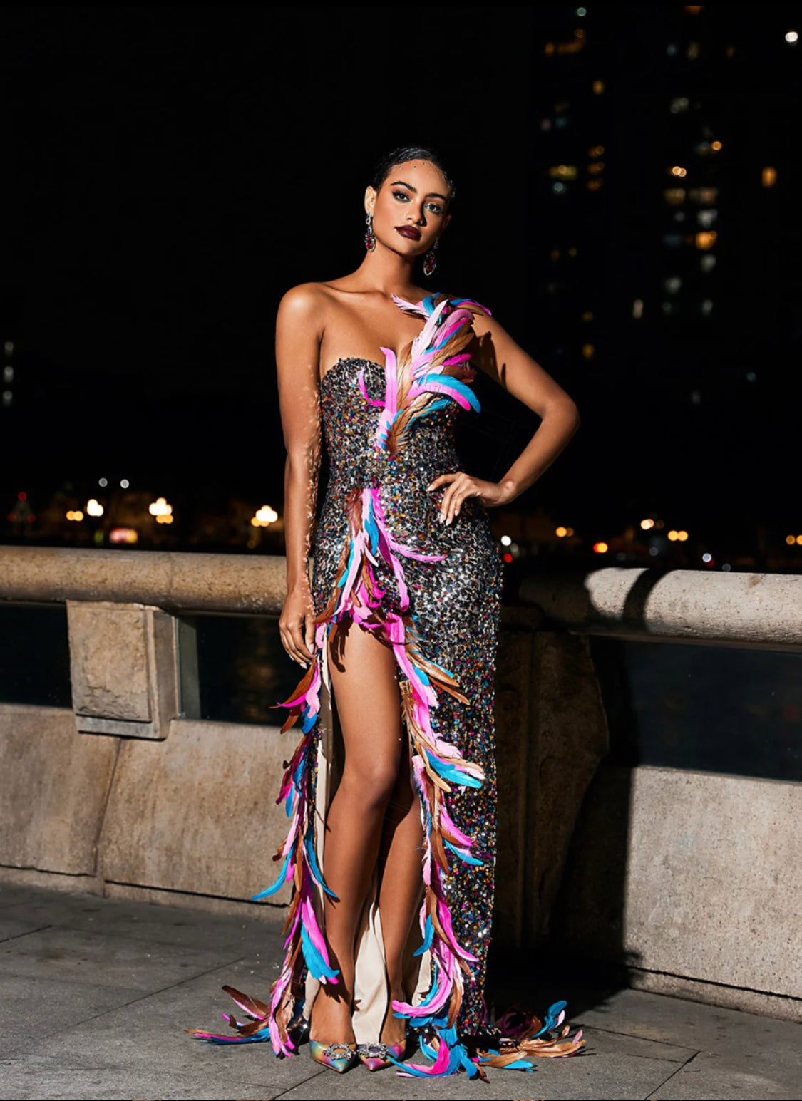 Feather|sequin maxi dress