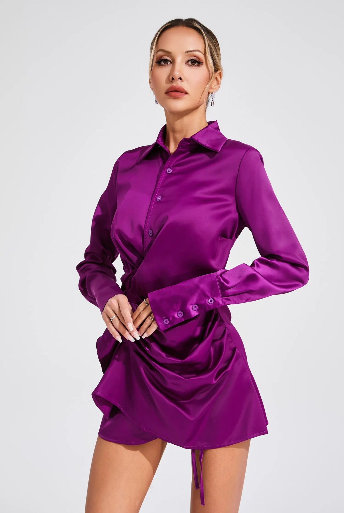 Satin purple ruched mini dress