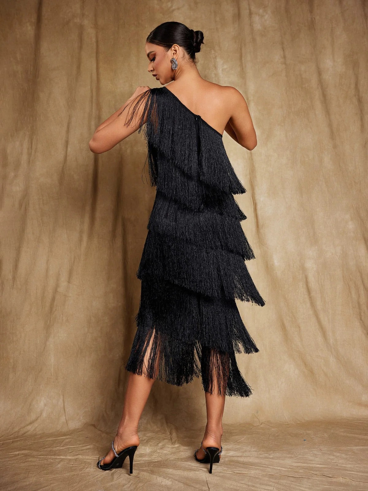 Aliyah Black one shoulder fringe midi dress