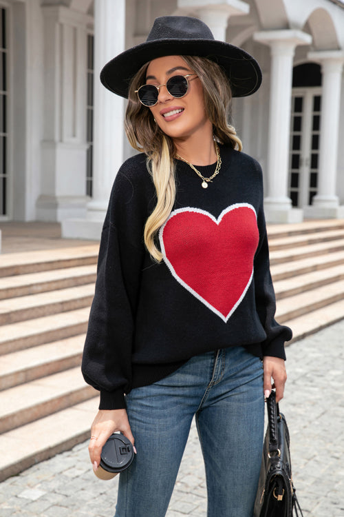 Fell In Love Heart Long Sleeve Knit Sweater - 3 Colors Black