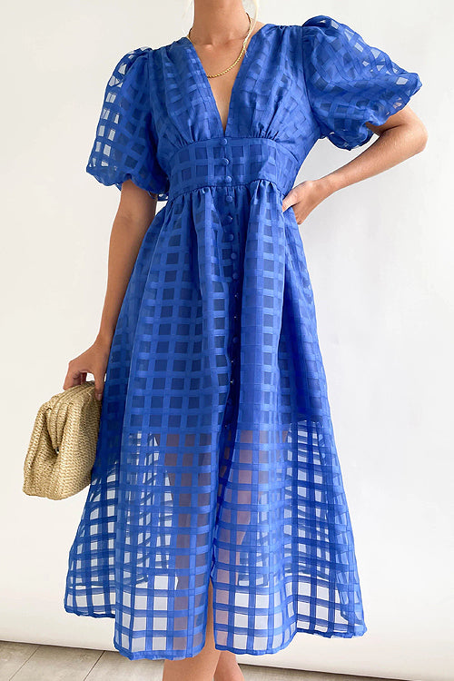 Garden Of Romance Puff Sleeve Midi Dress - 9 Colors Sapphire