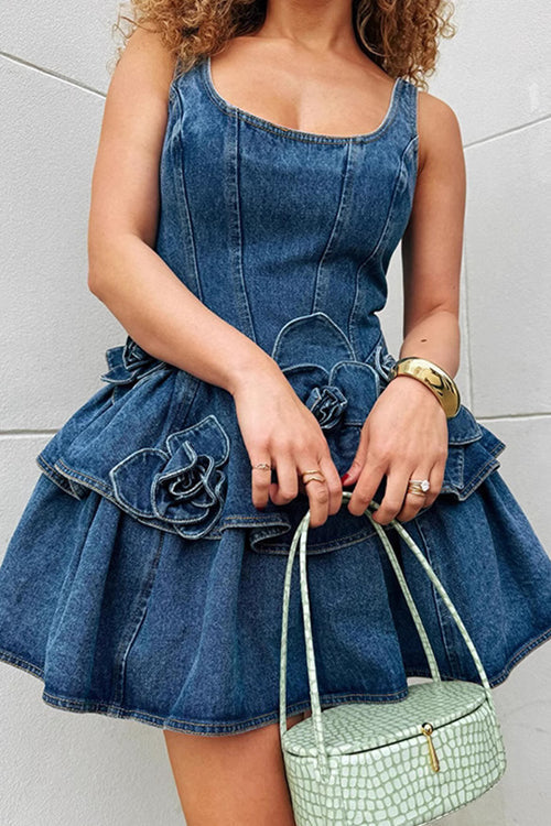 Prinsley Medium Wash Denim Flowers Mini Dress