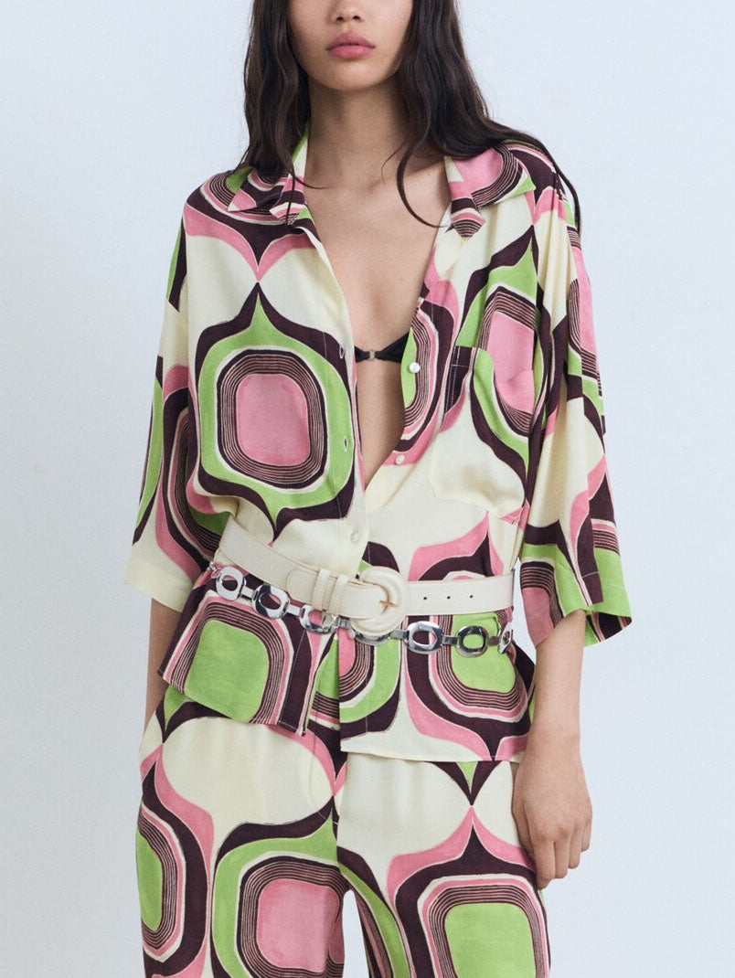 Unique Painted Geometric Print Mid-sleeve Shirt Multi