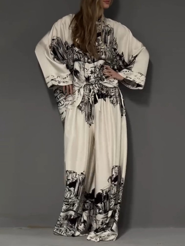 Architectural Print Satin Shirt White Set