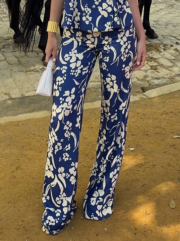 Printed Lace-Up Vest And Pants Suit-Pants Printed