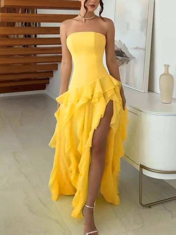 Tube Top Multi-layer Ruffled Side Slit Maxi Dress Yellow
