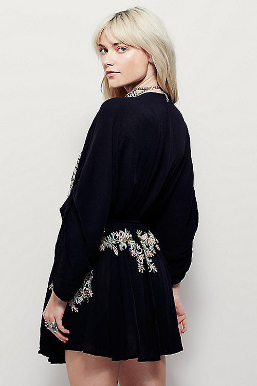 Ethic V-neck Embroidered Mini Dress Black