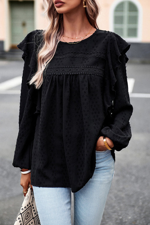 Miss You So Swiss Dot Lace Ruffled Long Sleeve Top - 5 Colors Black