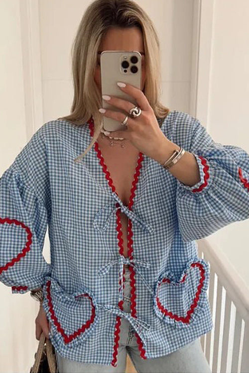 Adorably Elite Tie-Front Gingham Top - 9 Colors Blue&Red
