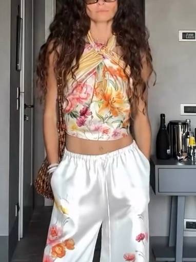 Vacation Style Floral Print Scarf Top And Wide Leg Pants Set-Top Printed F