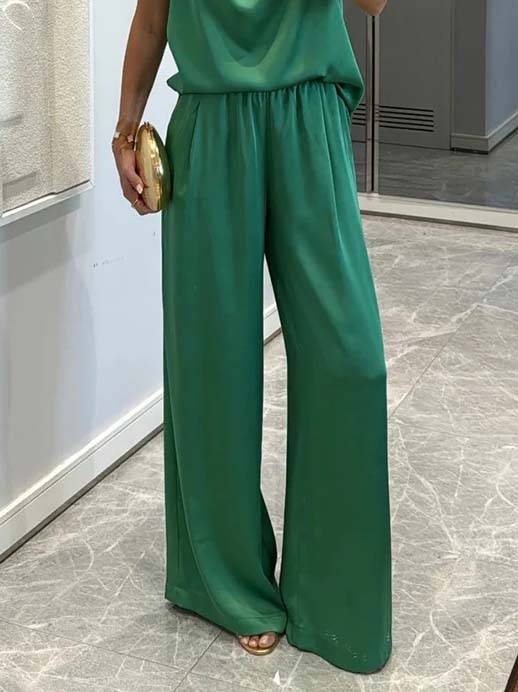 Elegant Halter Neck Swing Collar Top And Wide Leg Pants Suit-Pants Green