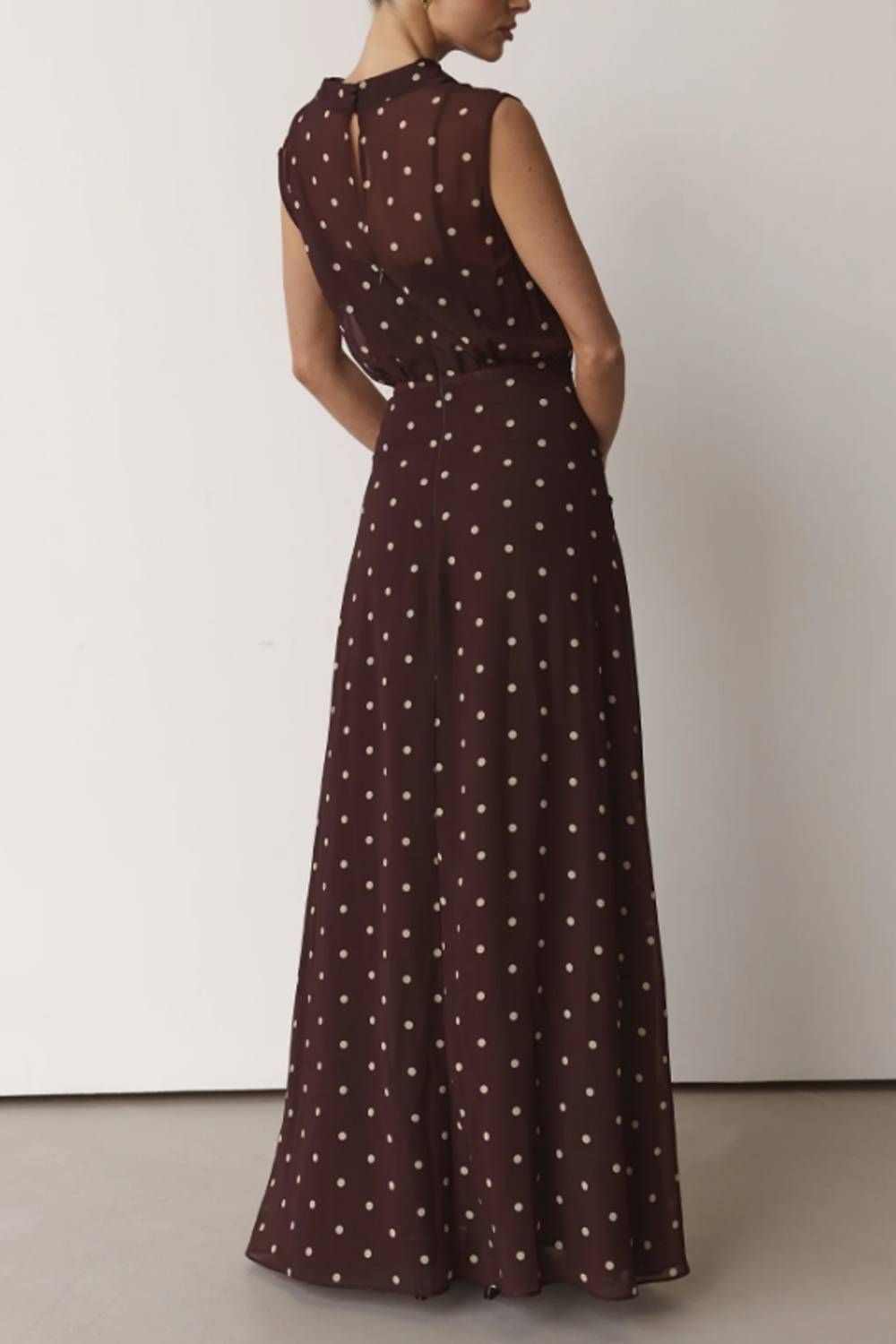 Swing Collar Sleeveless Polar Dot Tight Waist Long Dress