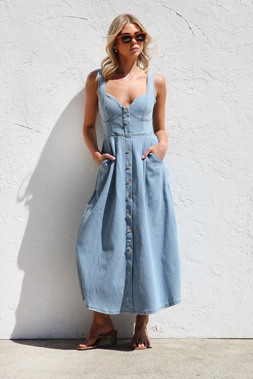 Didi Corset Bodice Denim Midi Dress - 2 Colors