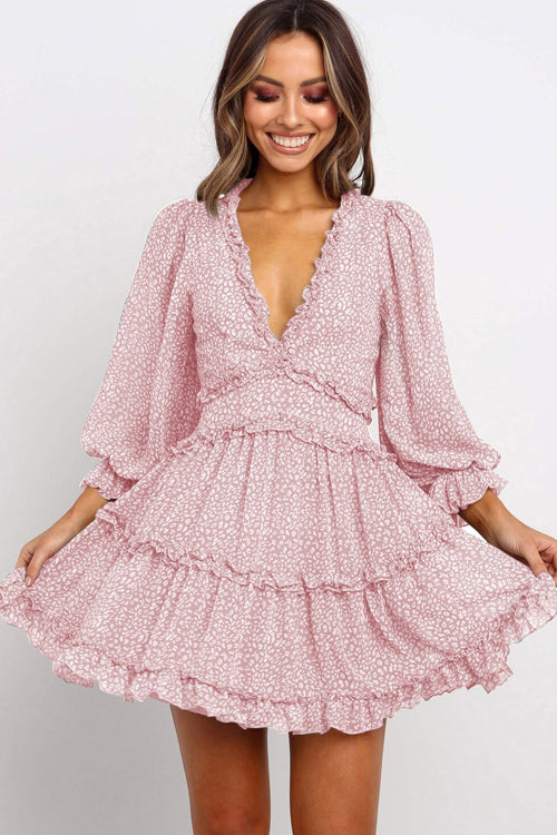 Romance Language Ruffled Printed Mini Dress - 3 Colors Pink