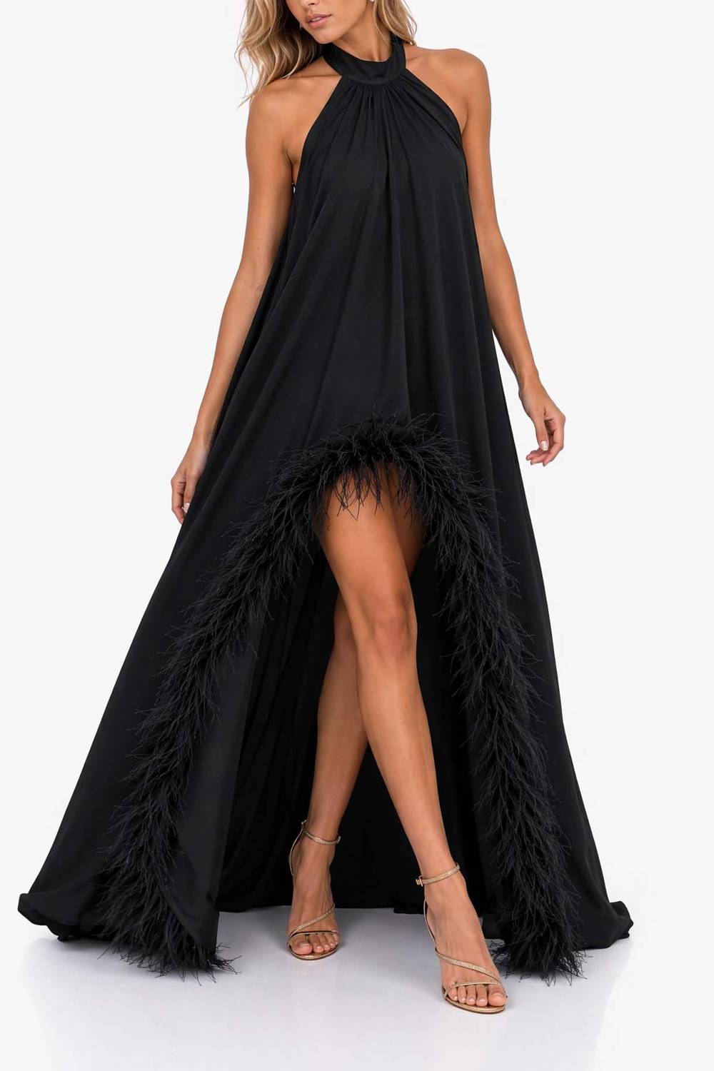 Halter-neck Feather-trimmed High-slit Long Evening Gown Black