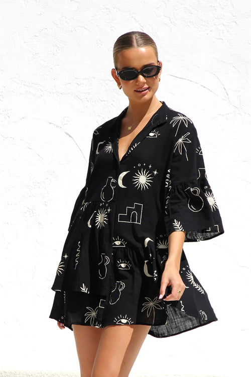 Open Your Heart Cotton Print A-Line Mini Dress - 5 Colors Black