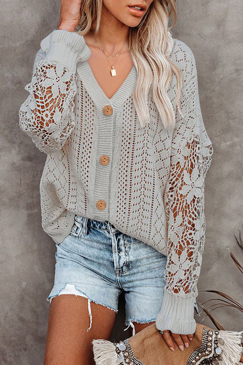 Feeling Your Best Hollow-Out Crochet Sweater Cardigan - 5 Colors Grey