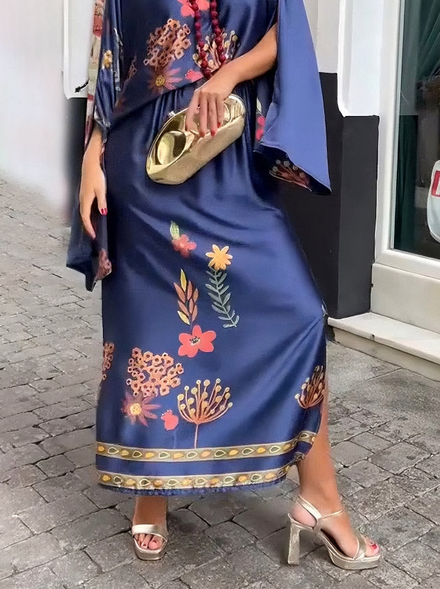 Exquisite Floral-Print Satin Slit Skirt Blue Skirt