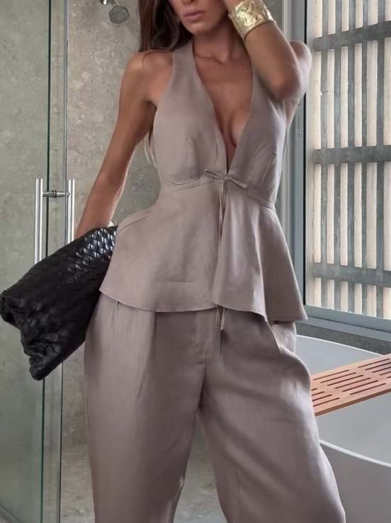 Elegant Halter Neck Lace-up Top And Wide Leg Pants Suit-Top Gray-purple