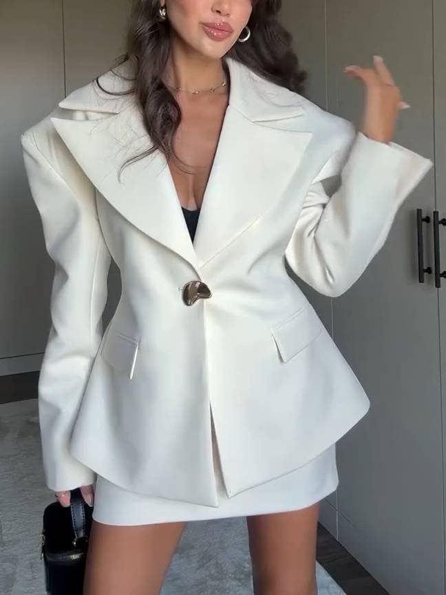 Wide Shoulder Waisted Blazer And Mini Skirt Suit - Blazer White