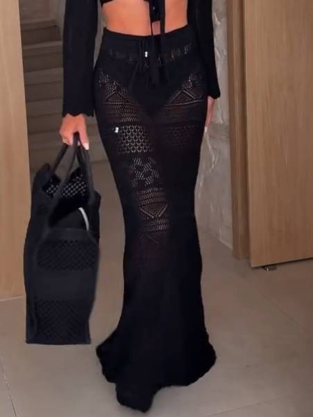 Cutout Knit Top And Skirt Suit-Skirt Black