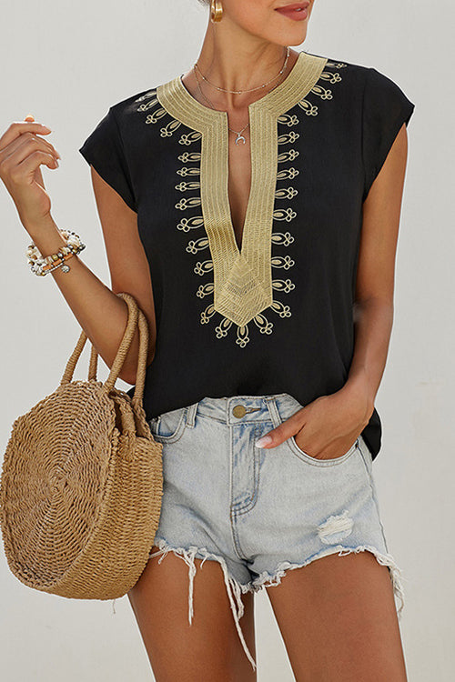 Pretty Pleased Boho Embroidered Short Sleeve Top - 4 Colors Black