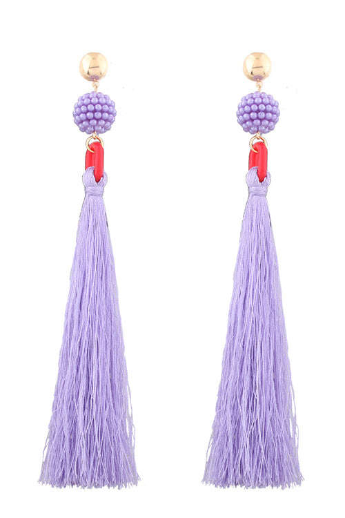 Tassel Bead Long Earrings Purple