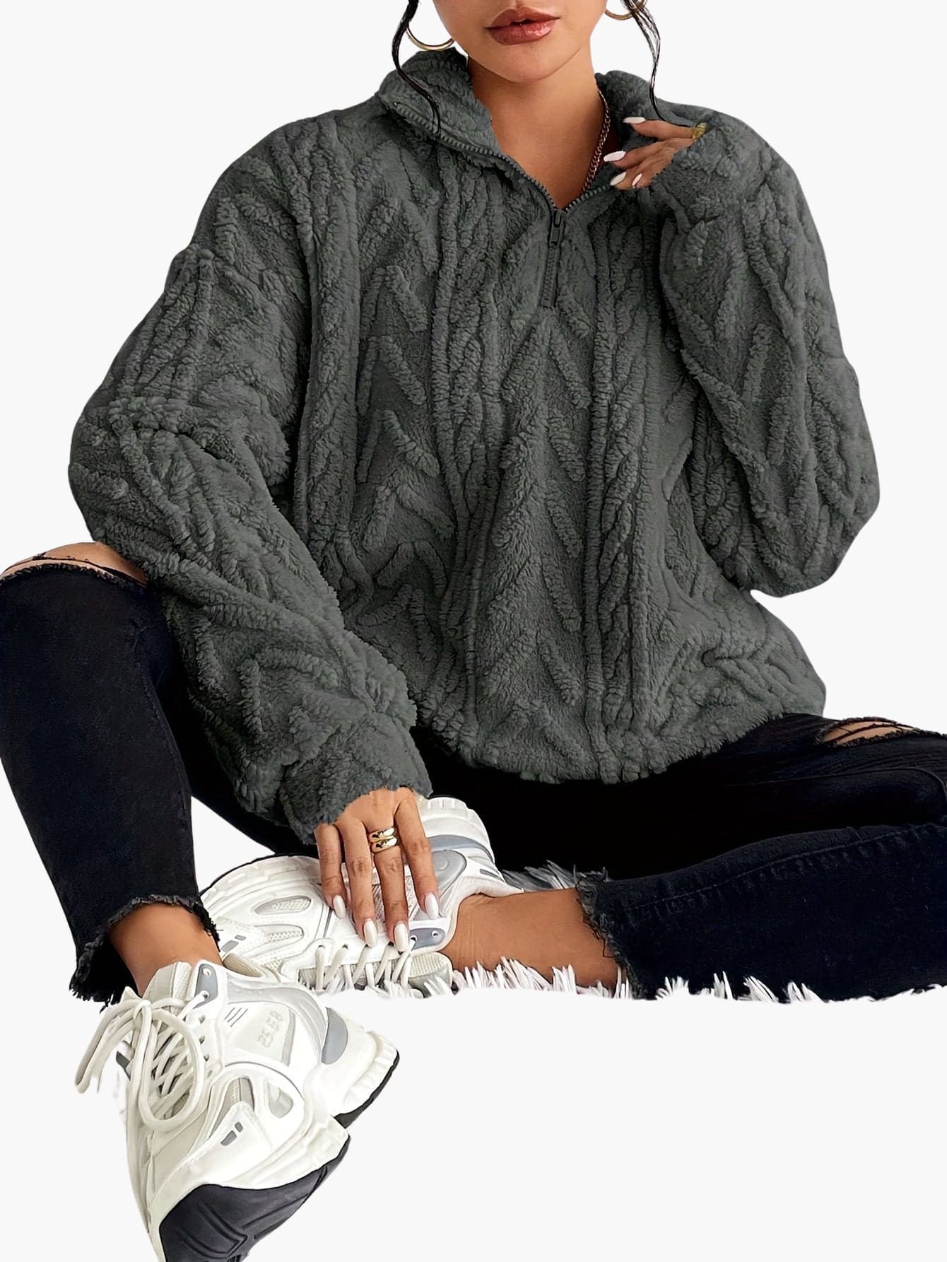 Zara | Luxe Cable-Knit Fleece Sweatshirt