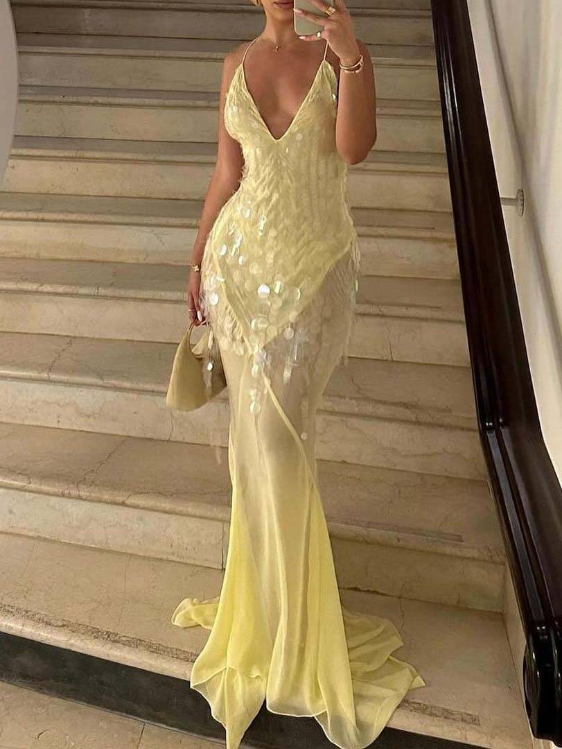 V-neck Backless Sequined Fishtail Maxi Dress Yellow