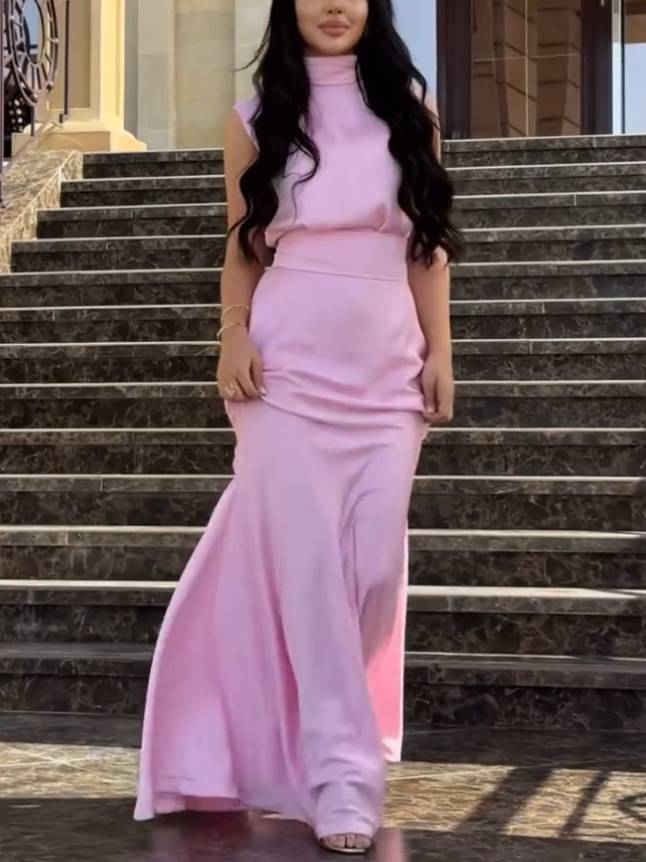 High Waist Fishtail Scarf Maxi Dress Pink