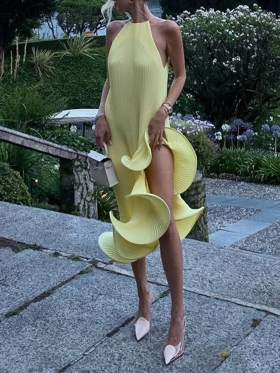 Asymmetric Rolled Hem Midi Dress Yellow