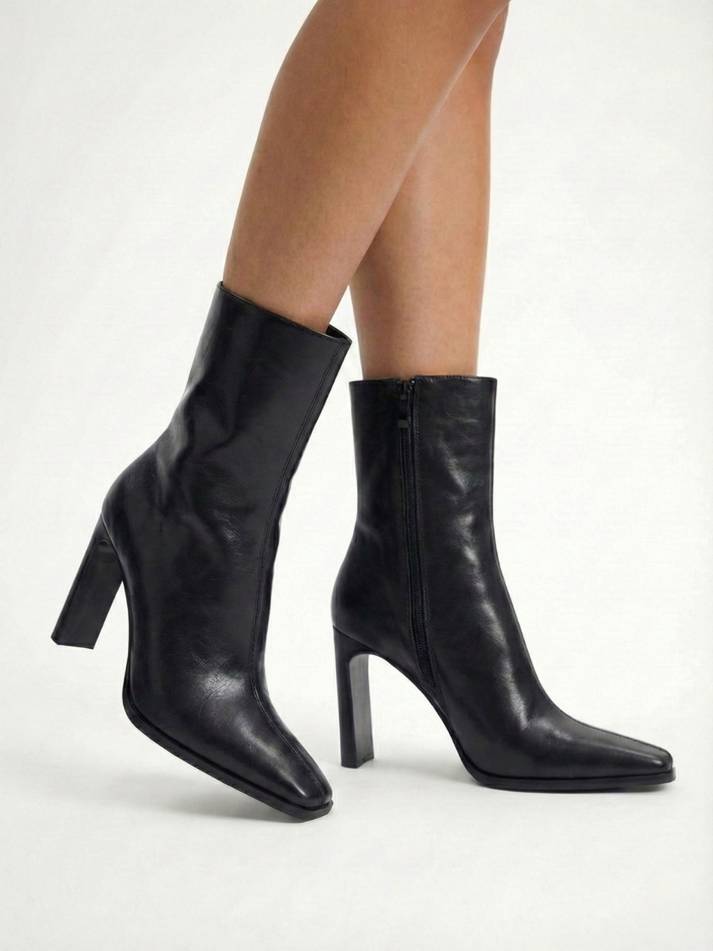 Belfast | Black Faux Leather Square Toe Ankle Boots