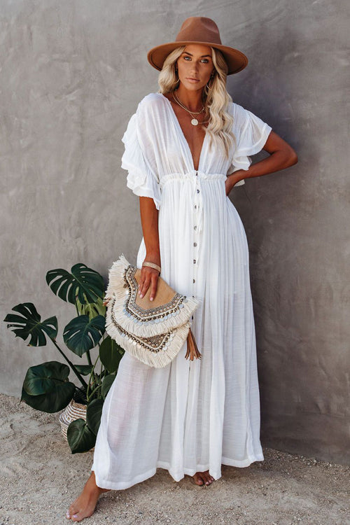 Sunshine And Fun Ruffled Beach Wear Maxi Dress - 8 Colors One Size White