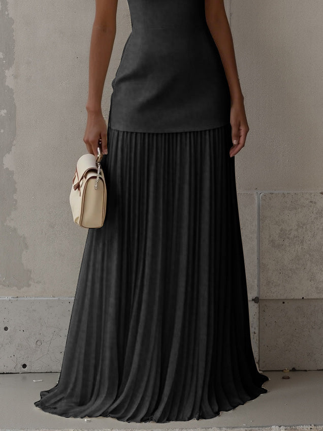 Exquisite Pleated Elastic Waist Skirt Black