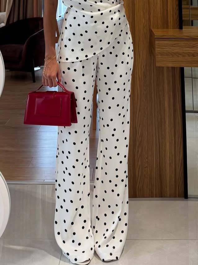 Vintage Polka Dot Off-Shoulder Top And Wide Leg Pants Suit-Pants White