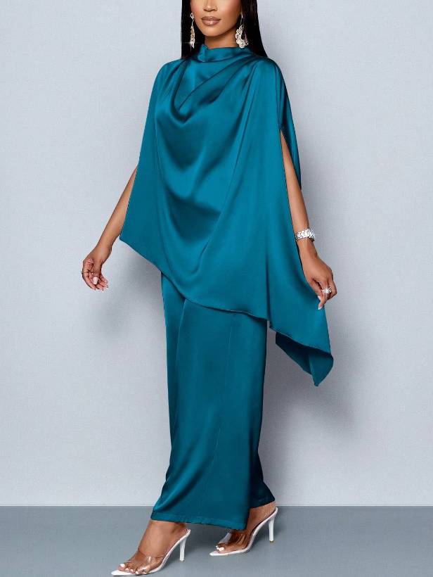 Swing Collar Irregular Hem Shirt And Wide Leg Pants Suit Blue