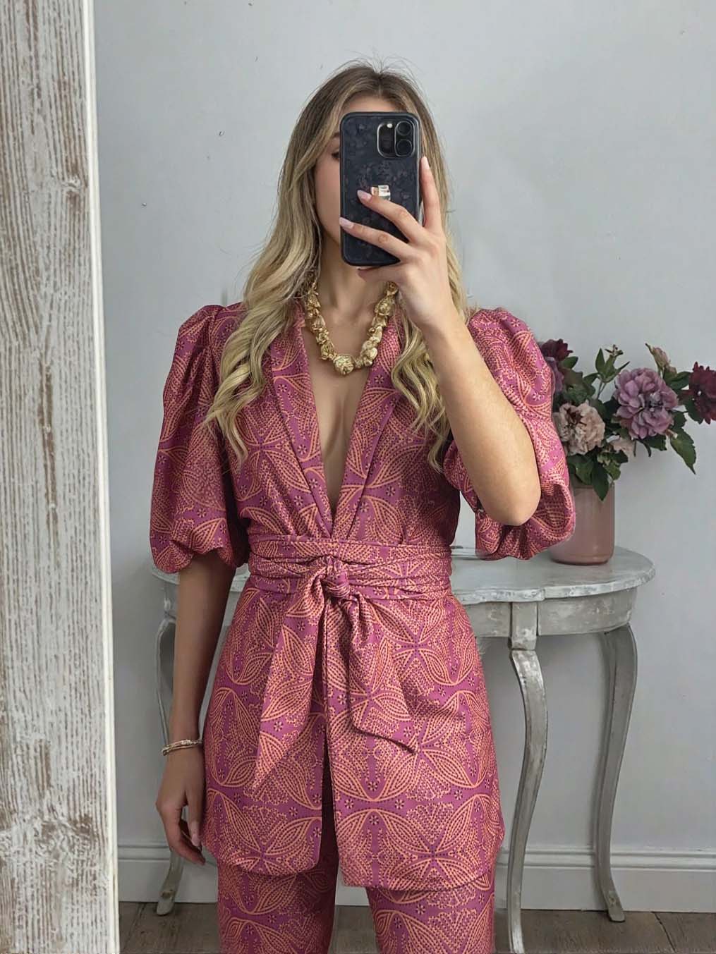 Casual Ethnic Style Printed Puff Sleeve Shirt Red