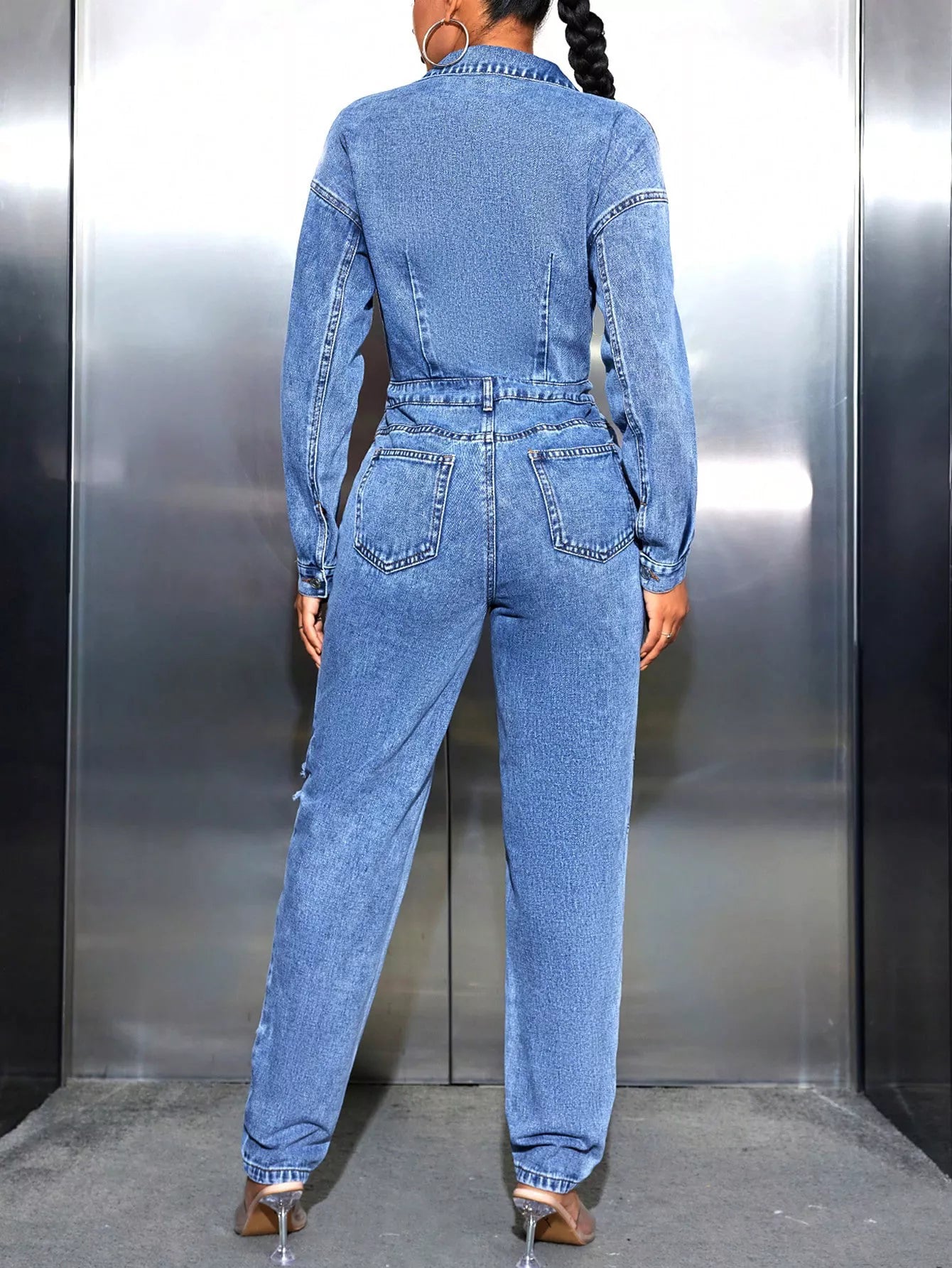 Women’s Distressed Long Sleeve Denim Jumpsuit – Casual Button-Down Utility One Piece