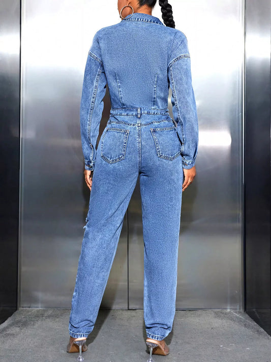 Women’s Distressed Long Sleeve Denim Jumpsuit – Casual Button-Down Utility One Piece