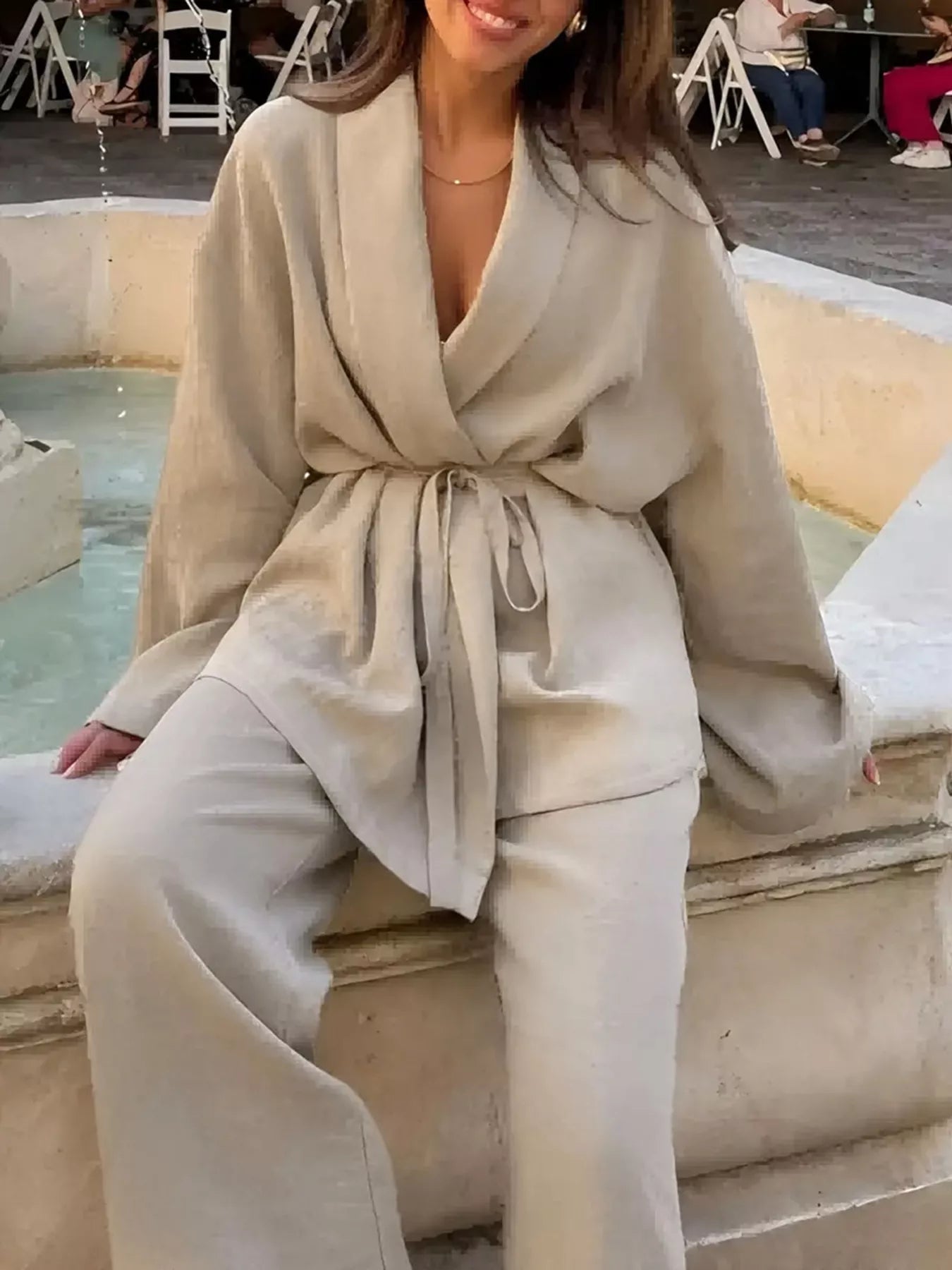 Plus Size Belt Long Sleeve Blazer and Pants Set