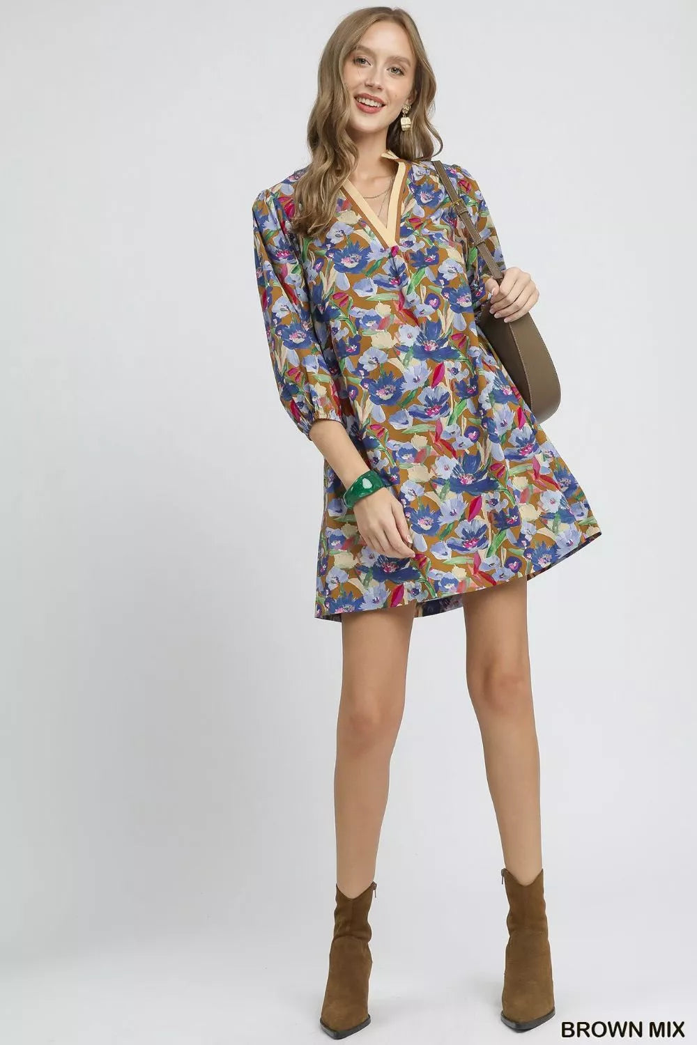 Women’s Boho Floral Balloon Sleeve Mini Dress – Vintage Ruffle Hem Short Dress