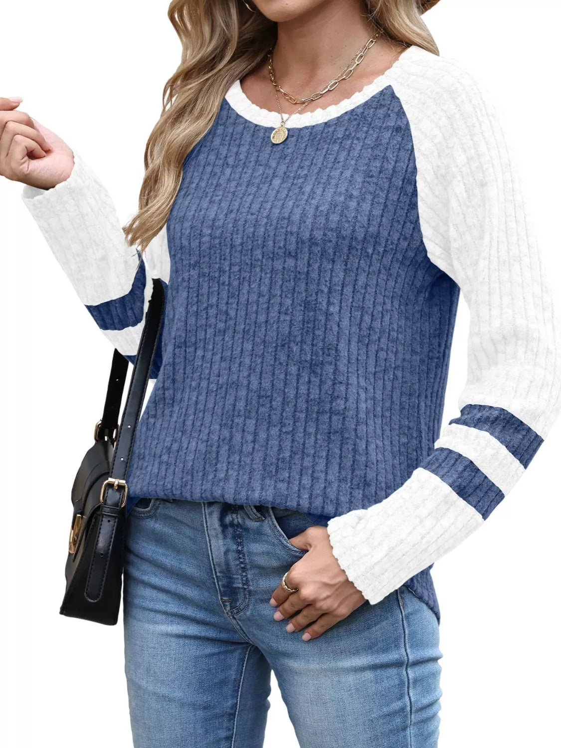 Ribbed Knit Raglan Long Sleeve T-Shirt