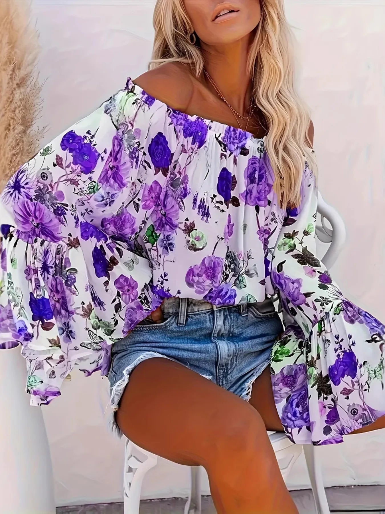 Full Size Floral Off-Shoulder Bell Sleeve Blouse Plus Size