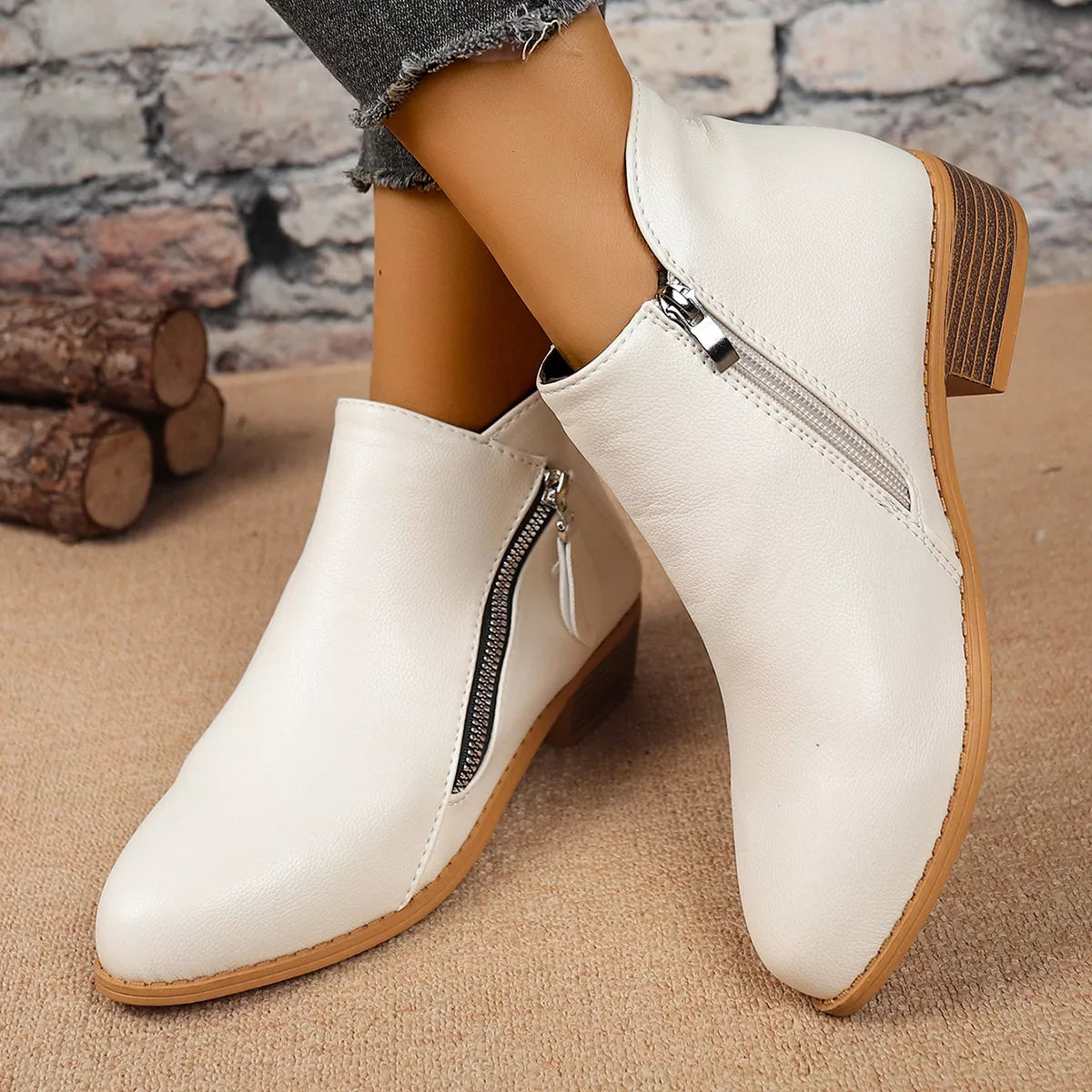 Size Zipper Block Heels Boots
