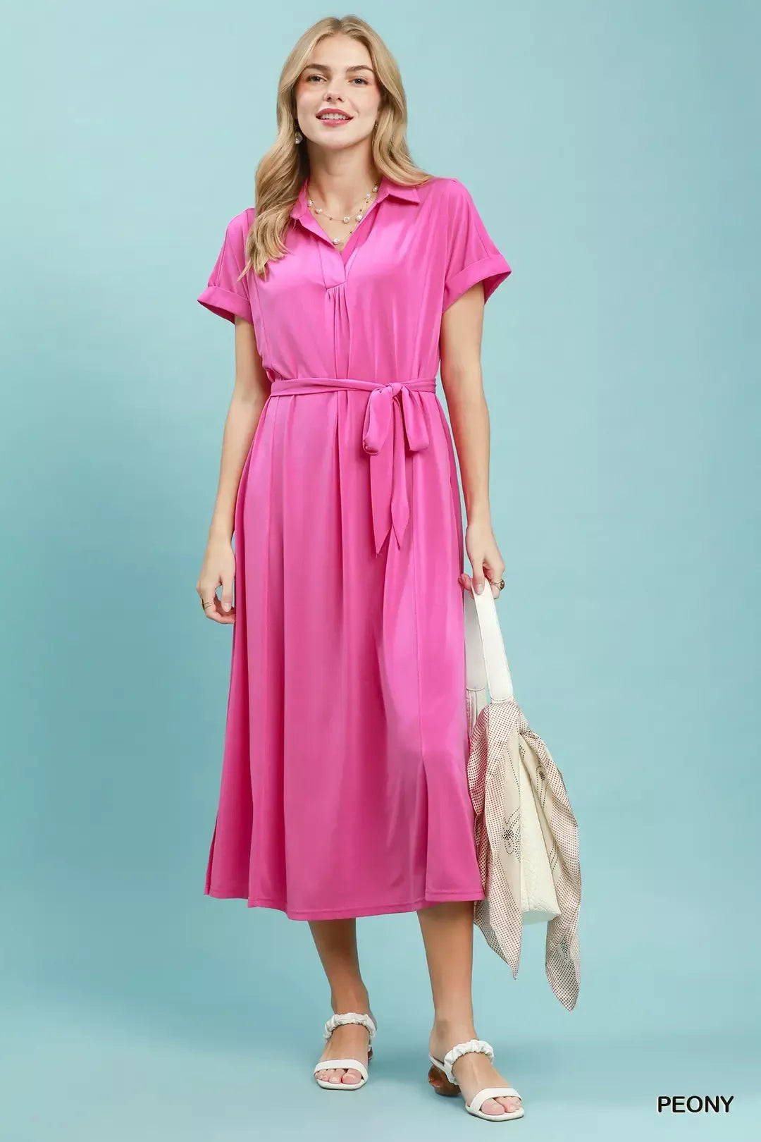 Casual Midi Dress Belted - Pink