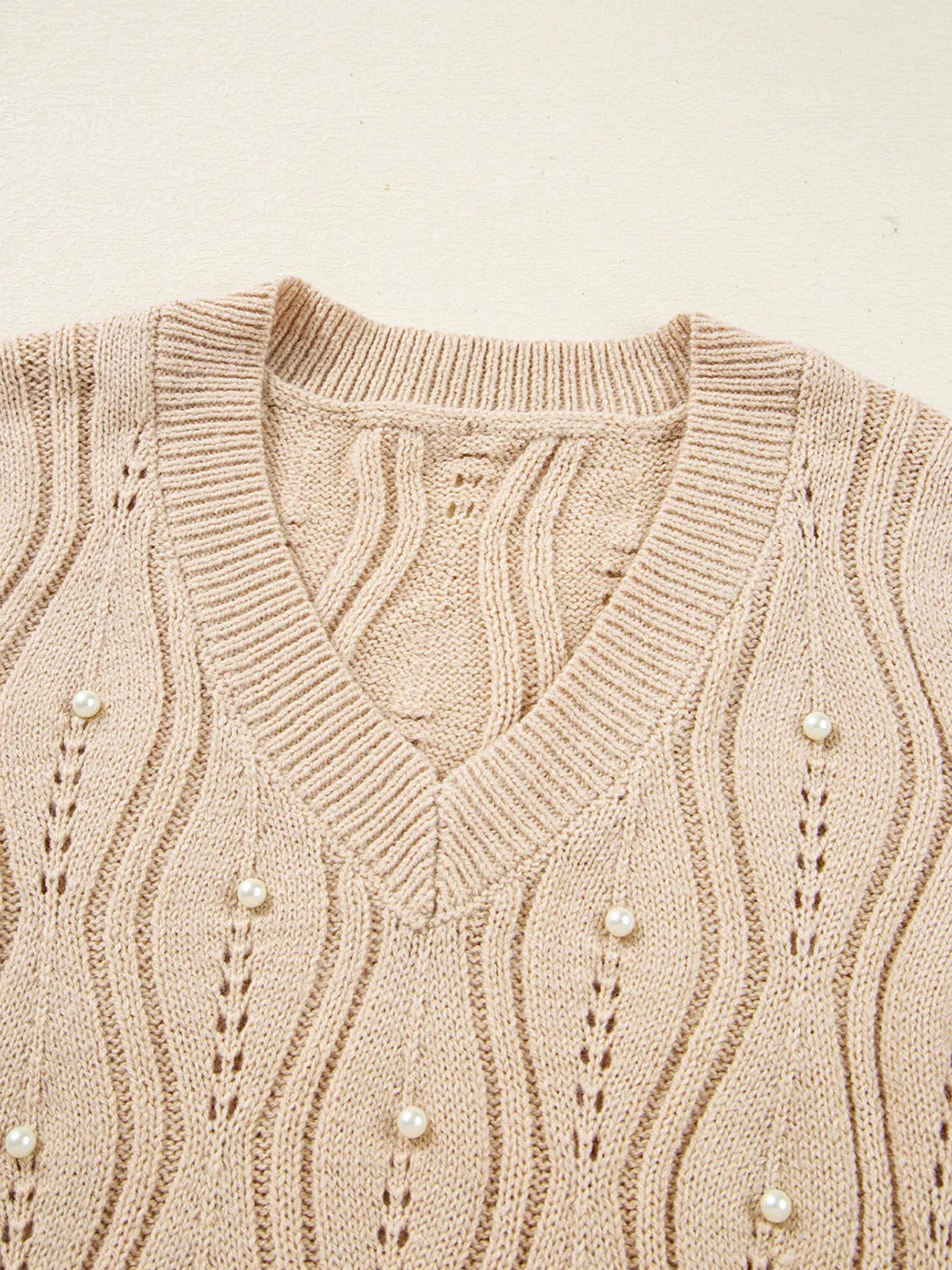 Pearl Beaded Sweater – Pointelle Knit, Lace Patchwork Sleeves