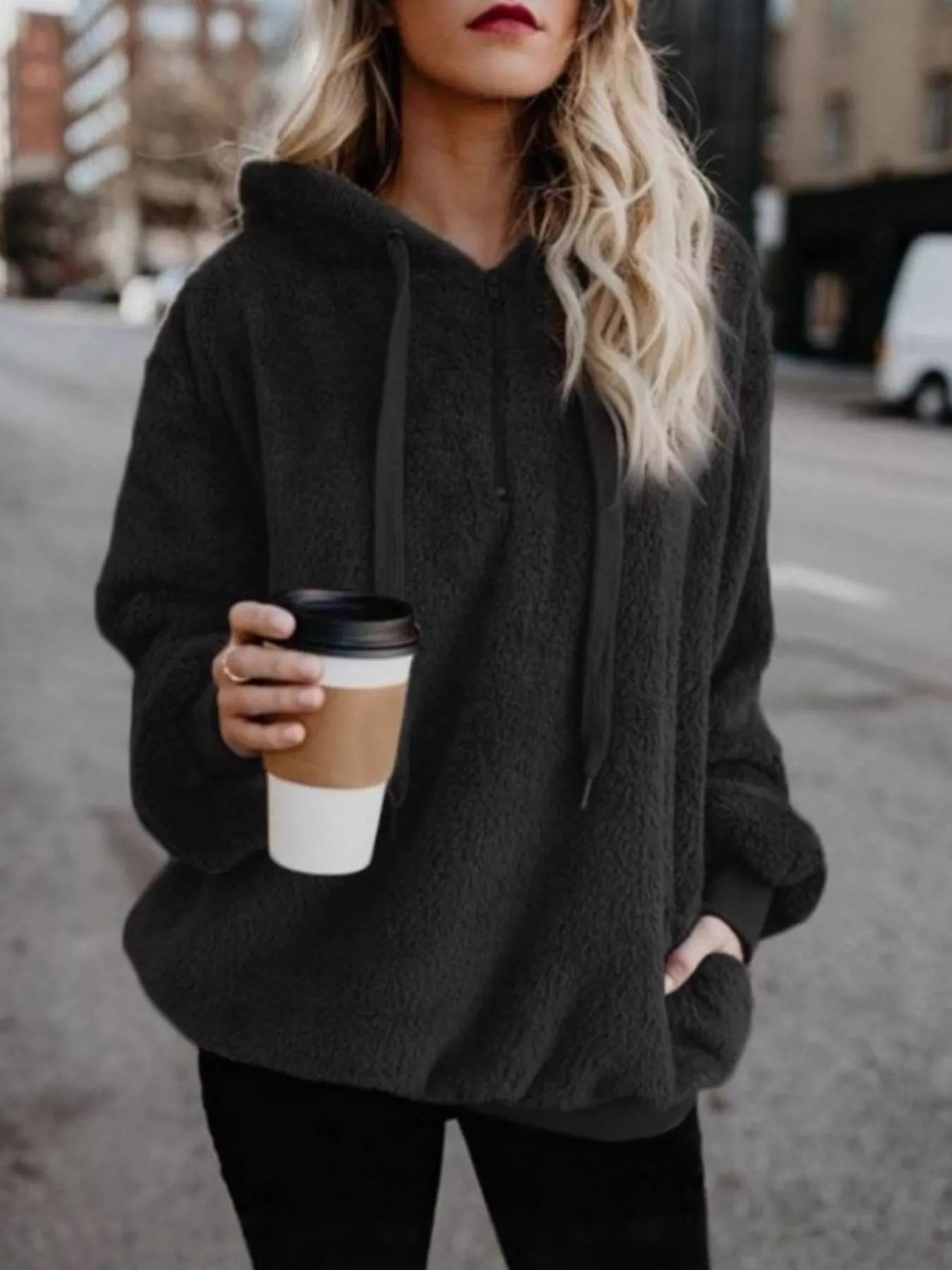 Full Size Half Zip Drawstring Fleece Hoodie Plus Size