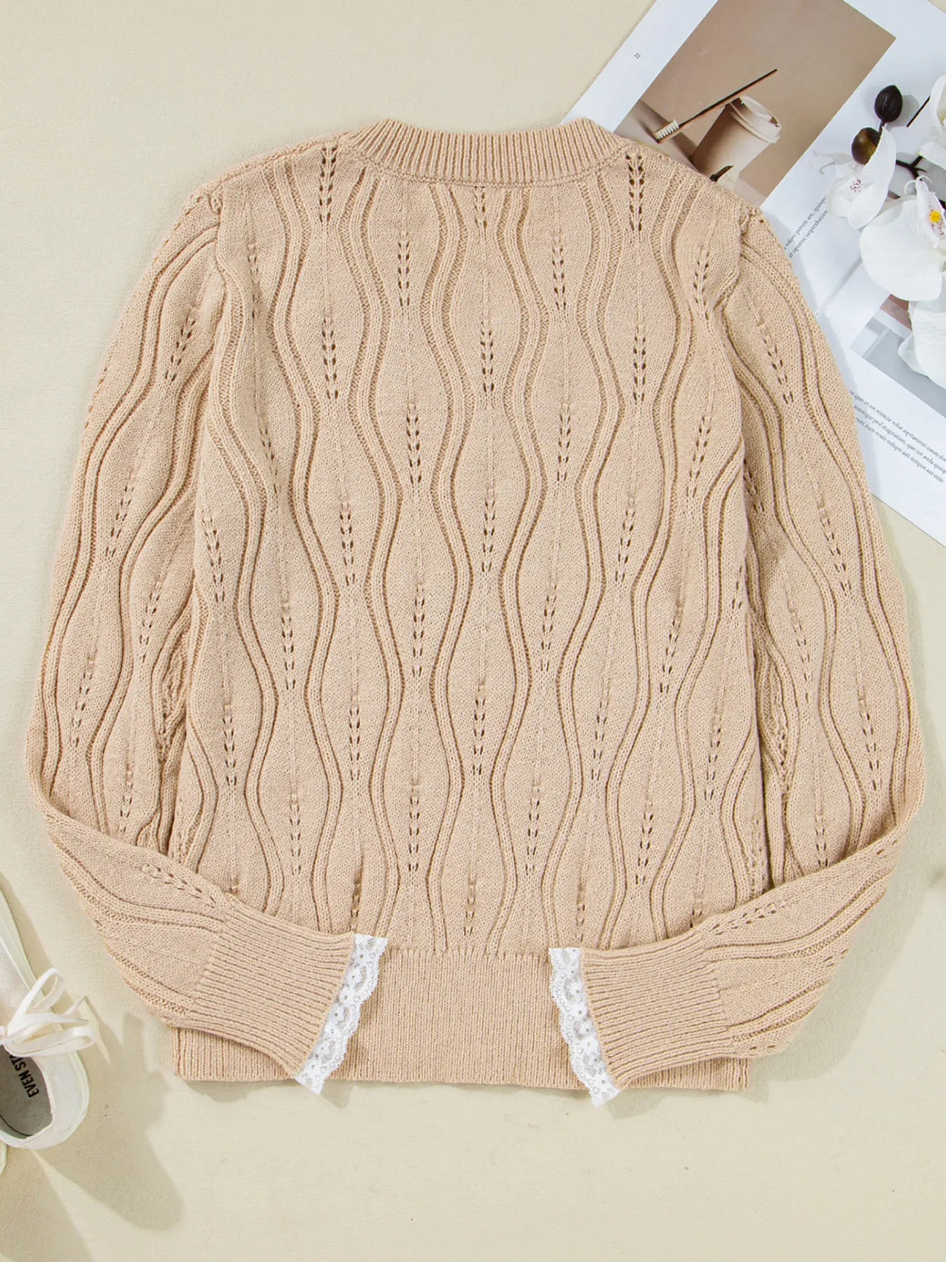 Pearl Beaded Sweater – Pointelle Knit, Lace Patchwork Sleeves